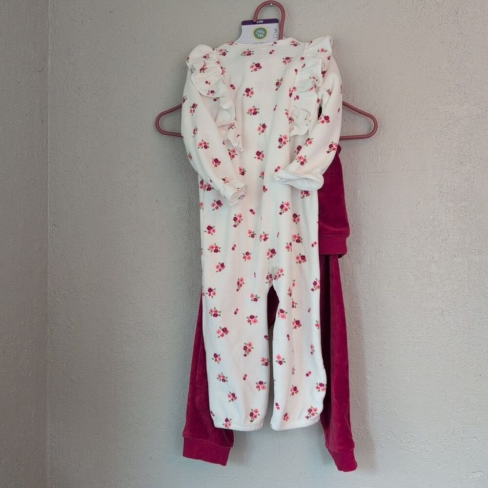 Little Me 3 Piece Velour Set Pink White Flowers 24 Mos 2T Girl Toddler NWT